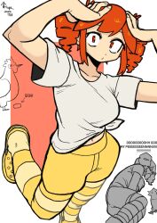 1girl arms_up artist_name bone_nigi breasts crocs dated drill_hair green_pantyhose green_sandals green_shorts hands_on_own_head highres kasane_teto medium_breasts navel pantyhose red_hair sandals shirt short_hair short_sleeves shorts solo translation_request twin_drills twitter_username utau white_shirt