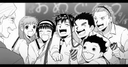 2girls 5boys arm_around_shoulder blush bow bowtie chalkboard collared_shirt glasses hair_slicked_back headband highres holding iwashima_mamoru kaneyama_takeshi konjiki_no_gash!! light_blush mizuno_suzume monochrome multiple_boys multiple_girls nakamura_mariko nakata_hidetoshi_(konjiki_no_gash) open_mouth shirt smile streamers takamine_kiyomaro teeth yamanaka_hiroshi zfhe8252