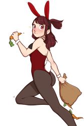 1girl absurdres animal_costume animal_ears ass black_pantyhose blush brown_hair carrot detached_collar eating fake_animal_ears female_focus food food_on_face half_updo highres kagari_atsuko leotard little_witch_academia looking_at_viewer necktie pantyhose playboy_bunny ponytail pudgeruffian rabbit_ears red_eyes sack side_ponytail solo thighs white_background wrist_cuffs