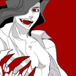 1boy akariya_kuubu black_hair blood blood_on_hands claws collared_shirt evil_grin evil_smile fangs grin hair_over_one_eye long_hair looking_at_viewer male_focus melty_blood michael_roa_valdamjong monochrome open_clothes open_shirt pectorals red_eyes shirt smile tsukihime type-moon vampire white_shirt