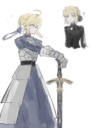2girls ahoge angry armor armored_dress artoria_pendragon_(fate) blonde_hair braid dongxunyu dress dual_persona excalibur_(fate/stay_night) fate/stay_night fate_(series) gauntlets green_eyes hair_bun hair_ribbon highres holding long_sleeves looking_at_viewer multiple_girls ribbon saber_(fate) saber_alter short_hair sidelocks sword weapon yellow_eyes