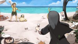 1boy 3girls :d @_@ backwards_hat beach bird blonde_hair bone brown_hair cat chicken clumsy_nun_(diva) commentary crab diva_(hyxpk) dog duck duckling english_commentary frog_headband froggy_nun_(diva) golden_retriever green_shorts habit hat highres holding holding_bone lifebuoy little_nuns_(diva) multiple_girls nun ocean open_mouth shirt shorts slice_of_life smile spicy_nun_(diva) sunglasses suspenders swim_ring tail tail_wagging traditional_nun yellow_shirt