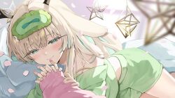1girl absurdres animal_ears aqua_hair blush brown_hair cherry_blossoms green_pajamas hair_between_eyes highres horns interlocked_fingers lingerie long_sleeves looking_at_viewer lying multicolored_hair nanashi_inc. natsume_eri on_bed on_side pajamas pov rabbit_ears sidelocks smile solo tsukinoki_tirol two-tone_hair underwear virtual_youtuber