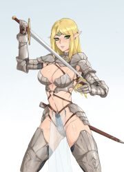 1girl armor blonde_hair breasts cleavage elf female_focus green_eyes highres large_breasts long_hair looking_at_viewer made_in_2022 pointy_ears simple_background sirpetus solo standing warrior weapon