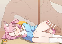 1boy 1girl :d animal_ear_fluff animal_ears ass blue_archive blue_shirt bottomless cat_ears cat_girl cat_tail censored chlorella_observation_club_member_(blue_archive) closed_eyes hair_bobbles hair_ornament highres hugging_own_tail hugging_tail imminent_penetration kindergarten_uniform loli lying mountain_han on_side open_mouth penis pink_hair pussy see-through_body shirt short_hair size_difference sleep_molestation sleeping smile socks spooning tail white_socks
