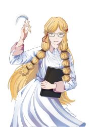 1girl blonde_hair blush braid dress female_focus glasses hair_ribbon hand_up hands_up highres long_hair long_sleeves looking_at_viewer moonverva notebook open_mouth pencil po_bidau_tiara red_ribbon ribbon simple_background smile solo tower_of_god twin_braids very_long_hair white_background white_dress yellow_eyes