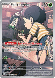 1boy artist_name black_hair blue_shorts box card_(medium) character_name child company_name copyright_name copyright_notice english_text floating holding indoors light_particles matcha_(food) nintendo official_art pokemon pokemon_(creature) pokemon_card pokemon_tcg poltchageist saboterian shirt shoes short_hair short_sleeves shorts striped_clothes striped_shirt third-party_source trading_card wooden_floor yellow_shoes