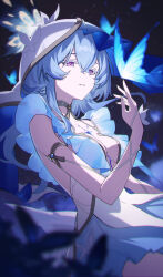 1girl absurdres armlet blue_butterfly blue_hair blue_veil breasts bug butterfly chromatic_aberration colored_eyelashes dress hand_up highres insect jewelry long_hair medium_breasts missing_commentary purple_eyes shali shorekeeper_(wuthering_waves) sleeveless sleeveless_dress solo two-tone_veil veil white_dress white_veil wuthering_waves