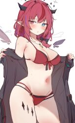 1girl bikini black_horns blush breasts cleavage cowboy_shot crystal_wings demon_horns detached_wings front-tie_bikini_top front-tie_top halo heterochromia highres hololive hololive_english holonatsu_paradise horns irys_(hololive) irys_(holonatsu_paradise)_(hololive) jacket jewelry large_breasts long_hair looking_at_viewer medium_breasts multicolored_hair nail_polish navel necklace o-ring open_clothes orobou pink_nails pointy_ears purple_hair red_bikini red_eyes red_hair simple_background solo stomach streaked_hair swimsuit thighs virtual_youtuber white_background wings