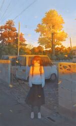 1girl black_pantyhose black_skirt blue_sky brown_hair car closed_eyes evening fjsmu full_body glasses highres leaf motor_vehicle original pantyhose power_lines skirt sky solo standing sweater tree turtleneck turtleneck_sweater utility_pole white_sweater