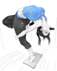 1girl aka_ume arched_back ass balancing barefoot black_hair breasts capri_pants clothes_writing colored_skin controller covered_erect_nipples deepthroat fellatio female_focus flexible floor game_controller grey_eyes large_breasts long_hair midriff mouth_hold nintendo oral pants phallic_symbol ponytail remote_control sexually_suggestive solo spandex standing standing_on_one_leg sweat tank_top tongue tongue_out white_eyes white_skin wii_fit wii_fit_trainer wii_fit_trainer_(female) wii_remote yoga