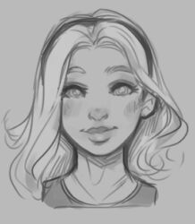 1girl blush closed_mouth cropped_shoulders djcomps grey_background greyscale hairband league_of_legends long_hair lowres lux_(league_of_legends) monochrome smile solo