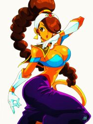 1girl absurdres bandeau braid breasts brown_eyes brown_hair cleavage dark-skinned_female dark_skin david_liu earrings gloves hair_ornament hair_over_one_eye harem_outfit harem_pants headband highres jewelry large_breasts long_hair pants power_stone purple_pants rouge_(power_stone) simple_background single_braid solo white_headband