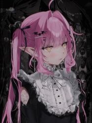 1girl 666rottenflesh ahoge artist_name bat_hair_ornament black_ribbon clothing_cutout ear_piercing frilled_shirt_collar frills hair_intakes hair_ornament hair_ribbon highres long_hair long_sleeves neck_ribbon original pearl_hair_ornament piercing pink_hair pointy_ears pout ribbon single_tear solo sword_earrings twintails white_ribbon yellow_eyes