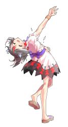 Rule 34 | 1girl, alphes (style), arm up, black hair, blush, bracelet, brown sandals, commentary request, cone horns, dairi, defeat, dress, full body, grey horns, highres, horns, jewelry, kijin seija, large variant set, leaning back, medium hair, multicolored hair, outstretched arm, parody, puffy short sleeves, puffy sleeves, red hair, sandals, short sleeves, small horns, solo, streaked hair, style parody, tachi-e, torn clothes, touhou, transparent background, variant set, white hair