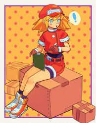 ! 1girl :o absurdres ankle_socks aqua_eyes belt belt_buckle blonde_hair blue_eyes blush blush_stickers bodysuit bodysuit_under_clothes border box brown_belt brown_gloves brown_trim buckle buttons cardboard_box clipboard collared_jacket commentary crop_top crop_top_overhang cropped_jacket double-parted_bangs english_commentary eyebrows_hidden_by_hair full_body gloves green_eyes hands_up hat high_tops highres holding holding_clipboard holding_pencil invisible_floor jacket knees legs_together long_eyelashes long_hair looking_to_the_side matheus_felipe mega_man_(series) mega_man_legends_(series) multicolored_shoes newsboy_cap object_on_lap on_box open_mouth orange_background orange_shoes outside_border pencil polka_dot polka_dot_background purple_bodysuit purple_border purple_socks raised_eyebrows red_hat red_jacket red_shorts roll_caskett_(mega_man) shoes short_sleeves shorts sidelocks sitting sitting_on_box sneakers socks solo speech_bubble spiked_hair spoken_exclamation_mark surprised tape tareme thick_eyelashes thighs turning_head turtleneck turtleneck_jacket white_border white_shoes white_trim wide-eyed yellow_background yellow_shoes