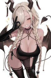 1girl abpart absurdres alternate_costume azur_lane bare_shoulders black_choker black_dress black_gloves black_horns black_panties black_tail black_thighhighs black_wings blush braid breasts brown_eyes choker cleavage commentary covered_navel dark-skinned_female dark_skin demon_girl demon_horns demon_tail demon_wings dress elbow_gloves gloves hair_intakes hair_over_one_eye hand_on_own_thigh highres horns large_breasts leaning_forward long_hair looking_at_viewer low_twin_braids low_wings mole mole_under_mouth ok_sign owari_(azur_lane) panties pelvic_curtain see-through_clothes see-through_dress simple_background skindentation smile solo sparkle tail thighhighs thighs twin_braids underwear very_long_hair white_background wings