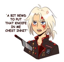 1boy allen_walker andythelemon anger_vein d.gray-man english_text grey_eyes knife light_blush long_hair male_focus pale_skin ponytail solo solo_focus stab white_background white_hair