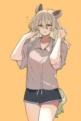 1girl alternate_costume alternate_hair_length alternate_hairstyle animal_ears black_shorts brown_hair brown_shirt casual closed_mouth commentary cowboy_shot drawstring english_commentary fongban_illust green_eyes hair_between_eyes hair_down hands_up highres indie_virtual_youtuber light_blush long_hair looking_at_viewer nimi_nightmare notice_lines orange_background shirt short_shorts short_sleeves shorts simple_background smile solo standing tail tapir_ears tapir_girl virtual_youtuber