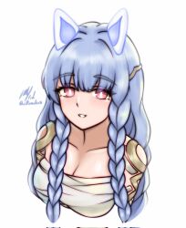 1girl blue_hair braid breasts chest_sarashi cleavage corrupted_twitter_file fire_emblem fire_emblem_heroes goat_horns heidrun_(fire_emblem) highres horns large_breasts long_hair looking_at_viewer nintendo pink_eyes rotomdocs sarashi smile solo upper_body