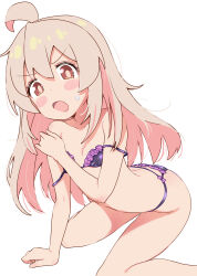 1girl :o absurdres ahoge black_bra black_panties blush_stickers bra breasts brown_eyes collarbone commentary dot_nose double_strap_slip hair_between_eyes highres lingerie long_hair looking_at_viewer onii-chan_wa_oshimai! open_mouth oyama_mahiro panties pink_hair shiina_excel simple_background sitting small_breasts solo sweatdrop underwear underwear_only white_background