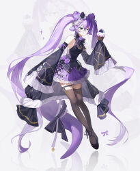 1girl absurdres ankle_lace-up bare_shoulders black_bow black_bowtie black_shirt black_shoes black_sleeves bow bowtie brown_thighhighs closed_mouth commentary cupcake detached_sleeves food frilled_skirt frilled_sleeves frills full_body green_eyes hair_between_eyes hand_up highres holding holding_food long_hair long_sleeves nanagom original purple_hair purple_skirt reflection shirt shoes simple_background skirt sleeveless sleeveless_shirt sleeves_past_fingers sleeves_past_wrists solo standing thigh_strap thighhighs twintails very_long_hair white_background zettai_ryouiki zoom_layer