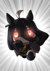 Rule 34 | ahoge, black coat, black hair, black skirt, blush stickers, character doll, coat, collared shirt, commentary, doll, doqute stuffed doll, earrings, fukuro (maruaru00), glowing, glowing eyes, grey hair, hair between eyes, highres, horse girl, horseshoe, jewelry, long bangs, long hair, looking at viewer, manhattan cafe (umamusume), miniskirt, motion lines, multicolored hair, necktie, no humans, pleated skirt, possessed, running, shirt, single earring, skirt, speed lines, two-tone hair, umamusume, white shirt, yellow necktie
