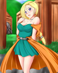 1girl bare_shoulders bianca_(dq5) blonde_hair blush bracelet breasts choker cleavage dragon_quest dragon_quest_v earrings female_focus futami_masaki jewelry long_hair open_mouth purple_eyes skirt solo