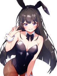 1girl absurdres animal_ear_hairband animal_ears black_bow black_bowtie black_hair black_leotard bow bowtie breasts brown_pantyhose cleavage commission detached_collar fake_animal_ears grin hairband highres leotard medium_breasts nijisanji pantyhose pixiv_commission playboy_bunny purple_eyes rabbit_ears rabbit_tail satsuki_(pixiv_742410) side-tie_leotard simple_background smile solo strapless strapless_leotard tail thigh_gap thighband_pantyhose tsukino_mito white_background wrist_cuffs