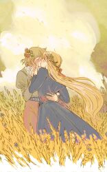 2girls blonde_hair blue_dress blush closed_eyes commentary day dress dungeon_meshi falin_touden falin_touden_(tallman) falling_leaves field flower grey_shirt hair_flower hair_ornament hand_on_another&#039;s_face hand_on_another&#039;s_waist highres juliet_sleeves kiss leaf long_hair long_sleeves marcille_donato medium_hair multiple_girls pants pink_pants puffy_sleeves shirt stickymaelk symbol-only_commentary yuri