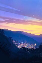 artist_name bush city commentary english_commentary mountain night night_sky no_humans original outdoors scenery signature sky star_(sky) star_(symbol) sunrise zandra