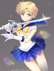 1girl bad_id bad_pixiv_id bishoujo_senshi_sailor_moon blonde_hair blue_bow blue_eyes blue_sailor_collar blue_skirt bow brooch circlet closed_mouth cowboy_shot earrings female_focus gloves grey_background holding holding_sword holding_weapon hoop_earrings jewelry magical_girl pleated_skirt sailor_collar sailor_uranus short_hair skirt smile solo space_sword sword ten&#039;ou_haruka tiara trianon twitter_username watermark weapon web_address white_gloves yellow_bow