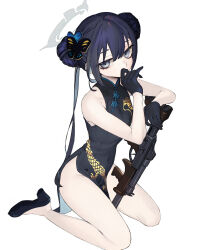 1girl absurdres black_dress black_gloves black_shoes blue_archive butterfly_hair_ornament china_dress chinese_clothes commentary double_bun dragon_print dress gloves grey_eyes gun hair_bun hair_ornament halo hand_to_own_mouth high_heels highres holding holding_gun holding_weapon kisaki_(blue_archive) kneeling long_hair looking_at_viewer pelvic_curtain shoes simple_background sleeveless sleeveless_dress solo twintails umashio_potechi-san weapon white_background