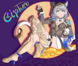 1girl absurdres animal_ear_fluff animal_ears black_gloves black_leotard blue_eyes boots breasts cat_ears cat_girl cat_tail character_name cipher_(honkai:_star_rail) cleavage coin commentary_request fingerless_gloves gloves gold_boots gold_coin grey_hair high_heel_boots high_heels highres holding holding_coin honkai:_star_rail honkai_(series) large_breasts leotard mole mole_on_breast purple_background qianjiaqiuhao short_hair_with_long_locks sitting solo tail thigh_boots thighs treasure