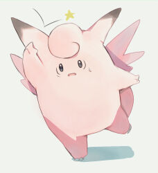 Rule 34 | arm up, clefable, commentary request, gen 1 pokemon, leg up, looking at viewer, mxkjxm (nhss2337), nintendo, open mouth, pokemon, pokemon (creature), solo, standing, standing on one leg, star (symbol), sweatdrop, white background