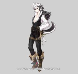 1boy 2017 animal_ears black_fur black_hair black_pants black_vest boots brown_footwear brown_gloves chain chaps collared_shirt copyright_name feathers fire_emblem fire_emblem_fates fire_emblem_heroes full_body gloves keaton_(fire_emblem) leather leather_boots leather_gloves male_focus multicolored_hair nintendo official_art okuma_yuugo pants pectoral_cleavage pectorals popped_collar red_eyes shirt tail two-tone_fur two-tone_hair vest white_fur white_hair white_shirt wolf_ears wolf_tail