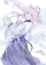 1girl absurdres animal_ears arknights black_tail chinese_commentary commentary feet_out_of_frame floating_hair grey_hair hair_intakes highres holding japanese_clothes kimono lin_(arknights) lin_(heavenly_mirage)_(arknights) long_hair long_sleeves looking_at_viewer making-of_available official_alternate_costume pink_hair procreate_(medium) purple_eyes purple_skirt reach_far_away_(viuooczy) short_kimono skirt smile solo tail white_kimono