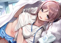 1girl absurdres blue_eyes blue_skirt blush breasts brown_hair button_gap collarbone commentary_request gakuen_idolmaster hand_under_clothes highres himesaki_rinami idolmaster indoors large_breasts looking_at_viewer lying mappaninatta navel neck_ribbon on_side open_collar ribbon shirt skirt smile solo stomach sweat sweaty_clothes under_covers underboob undone_neck_ribbon wet_wipes white_shirt