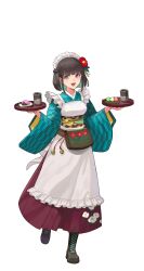 1girl absurdres apron aqua_shirt artist_request black_hair blunt_bangs blunt_ends boots brown_boots flower food frills full_body green_hair hair_flower hair_ornament highres holding holding_food iroha_(rune_factory) long_skirt long_sleeves looking_at_viewer maid_apron maid_headdress multicolored_hair official_art open_mouth red_eyes red_flower red_skirt rune_factory rune_factory:_guardians_of_azuma sash shirt short_hair skirt smile solo transparent_background two-tone_hair w_arms