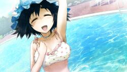 arm_up armpits bikini black_hair blue_choker blue_hat bob_cut bow breasts choker closed_eyes collar collarbone day dutch_angle frilled_bikini frilled_collar frills game_cg hand_on_own_chest happy hat hat_bow highres huke in_water large_breasts light_blush non-web_source official_art open_mouth pink_bikini pink_frills polka_dot polka_dot_bikini pool pool_ladder poolside shiina_mayuri shiny_eyes steins;gate steins;gate:_my_darling&#039;s_embrace swimsuit tongue water waving_arm