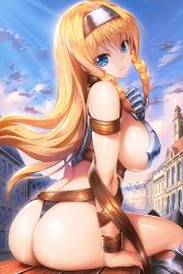 1girl armor armored_boots ass back belt bikini_armor black_hair black_panties blonde_hair blue_eyes boots braid breasts city closed_mouth curvy day floating_hair gauntlets greaves hair_ornament hairband headband headgear huge_ass large_breasts leina_(queen&#039;s_blade) leina_(queen&#039;s_blade_unlimited) lips long_hair looking_at_viewer looking_back official_art outdoors panties queen&#039;s_blade queen&#039;s_blade_unlimited queen&#039;s_blade_white_triangle revealing_clothes side_braids sideboob sidelocks single_gauntlet sitting smile solo thighs thong underboob underwear warrior wide_hips