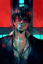 1boy artist_name black_hair black_jacket collarbone collared_shirt cross cross_punisher dripping facial_hair highres jacket large_cross looking_at_viewer male_focus mouth_hold nicholas_d._wolfwood open_mouth partially_unbuttoned red_background shirt short_hair solo sunglasses teeth teeth_hold trigun trigun_stampede upper_body v-shaped_eyebrows vial white_shirt yuumei