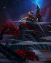 1other branch commentary dragon eastern_dragon english_commentary fantasy fog galaxy glowing glowing_eyes gold_scales highres kloir landscape mountain night original painterly red_leaf scenery sky star_(sky) starry_sky tree