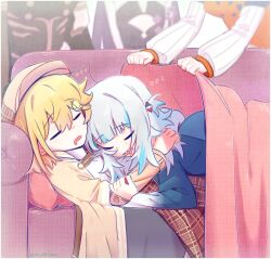 Rule 34 | 5girls, absurdres, blonde hair, couch, covering with blanket, gawr gura, gawr gura (1st costume), hair ornament, highres, holding, hololive, hololive english, holomyth, its still kuno, long sleeves, mori calliope, mori calliope (1st costume), multiple girls, ninomae ina&#039;nis, ninomae ina&#039;nis (1st costume), open mouth, short hair, sleeping, sleeping on person, takanashi kiara, takanashi kiara (1st costume), virtual youtuber, watson amelia, watson amelia (1st costume)