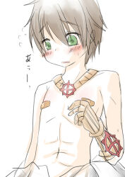 1boy bandaid bandaids_on_nipples blush brown_hair commentary_request cross cross_necklace cross_of_prontera gauntlets green_eyes hair_between_eyes jewelry male_focus navel necklace open_mouth pasties ragnarok_online short_hair simple_background solo sura_(ragnarok_online) topless_male upper_body white_background yoru_nagatsuki