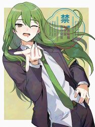 Rule 34 | 1boy, ;d, armband, black coat, blush, border, coat, collared shirt, green armband, green background, green hair, green necktie, hair between eyes, hand on own hip, l hand, library of ruina, long hair, male focus, medu (rubish), necktie, netzach (project moon), one eye closed, open clothes, open coat, open mouth, project moon, saliva, shirt, smile, solo, twisted torso, upper body, very long hair, white border, white shirt