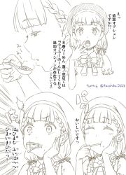Rule 34 | 1girl, artist name, beret, blowing on food, braid, center-flap bangs, chinese spoon, commentary, eating, failure, food in mouth, frilled sleeves, frills, furigana, hachiban ramen, hachiban ramen uniform, hair ribbon, hat, highres, holding, holding spoon, kachimachi kosuzu, link! like! love live!, long hair, love live!, low twintails, multiple views, neck ribbon, official alternate costume, puffy short sleeves, puffy sleeves, ribbon, short sleeves, side braids, spoon, tanohito, translation request, twintails, twitter username, utensil in mouth, virtual youtuber