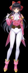 1girl black_hair boots bow breasts brown_eyes fingerless_gloves gloves hair_ribbon highres large_breasts legs long_hair looking_at_viewer military_uniform pants ponytail red_bow ribbon sakura_taisen sega shinguuji_sakura smile solo thighs