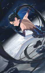 1girl absurdres black_dress black_gloves black_hair da_tengzi dress elbow_gloves figure_skating_dress gloves highres ice_skating kamisaki_hikaru long_hair medalist_(manga) pantyhose ponytail skating skating_rink solo white_pantyhose yellow_eyes