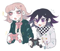 Rule 34 | 1boy, 1girl, arm belt, blush, buttons, checkered clothes, checkered scarf, collared shirt, commentary, concentrating, controller, cropped torso, danganronpa (series), danganronpa 2: goodbye despair, danganronpa v3: killing harmony, english commentary, eyelashes, flipped hair, galaga, game controller, hair between eyes, hair ornament, holding, holding controller, holding game controller, hope&#039;s peak academy school uniform, jacket, long sleeves, medium hair, motion lines, multicolored buttons, nanami chiaki, neck ribbon, oma kokichi, open clothes, open jacket, open mouth, pink eyes, pink hair, pink ribbon, playing games, purple eyes, purple hair, ribbon, ringed eyes, scarf, school uniform, shirt, short hair, simple background, spaceship hair ornament, sweat, toon (style), two-tone scarf, upper body, white background, white shirt, xenon
